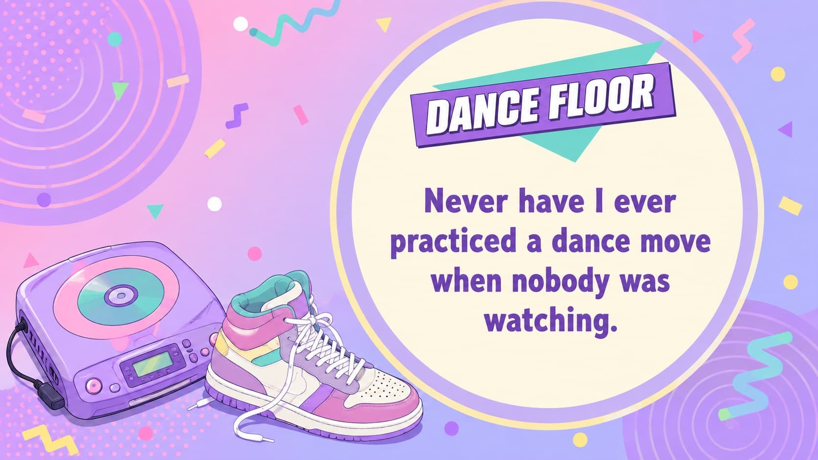 Dance confession prompt for an interactive reunion game with purple retro music graphics.