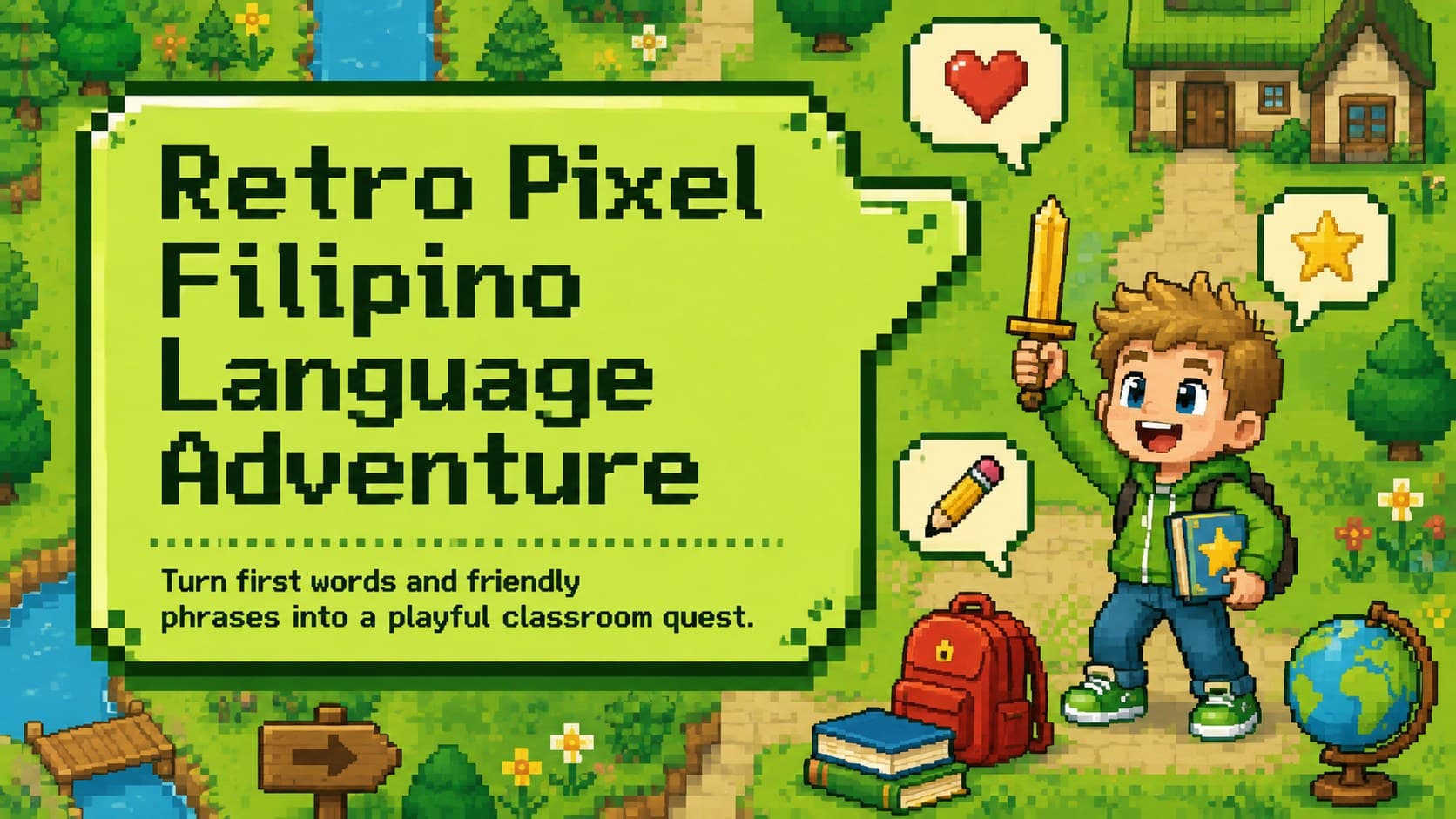 Cover of the Retro Pixel Filipino Language Adventure with green 8-bit classroom graphics for young learners.