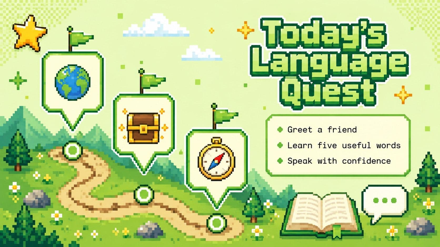Pixel-art learning goals slide outlining a beginner Filipino language lesson for kindergarten.
