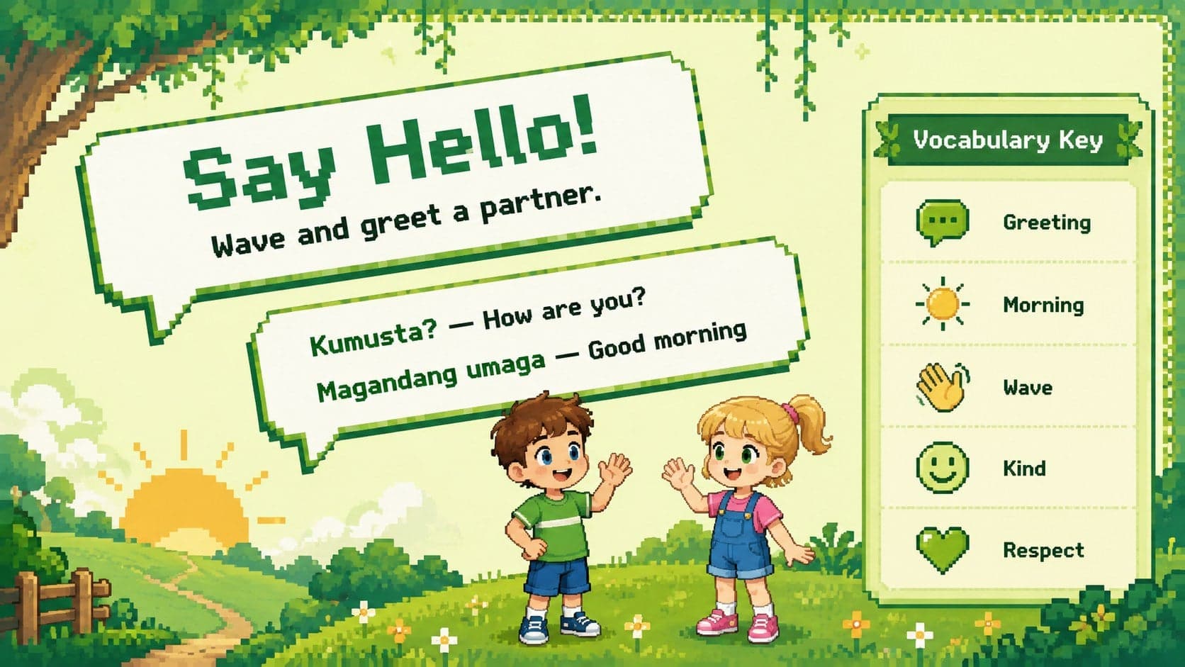 Tagalog greetings lesson for kindergarten featuring Kumusta and Magandang umaga in a colorful pixel layout.
