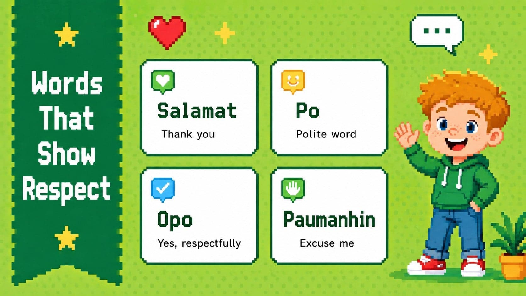Filipino polite expressions slide teaching Salamat, Po, Opo, and Paumanhin with pixel icons.