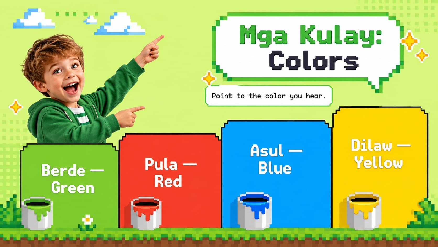 Colorful pixel-art Filipino vocabulary slide presenting the words for green, red, blue, and yellow.