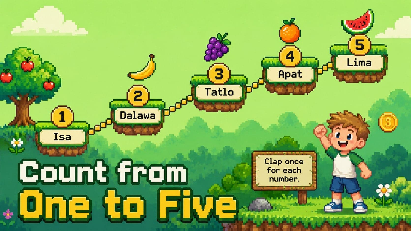Kindergarten Tagalog counting activity showing the Filipino numbers isa through lima in pixel art.