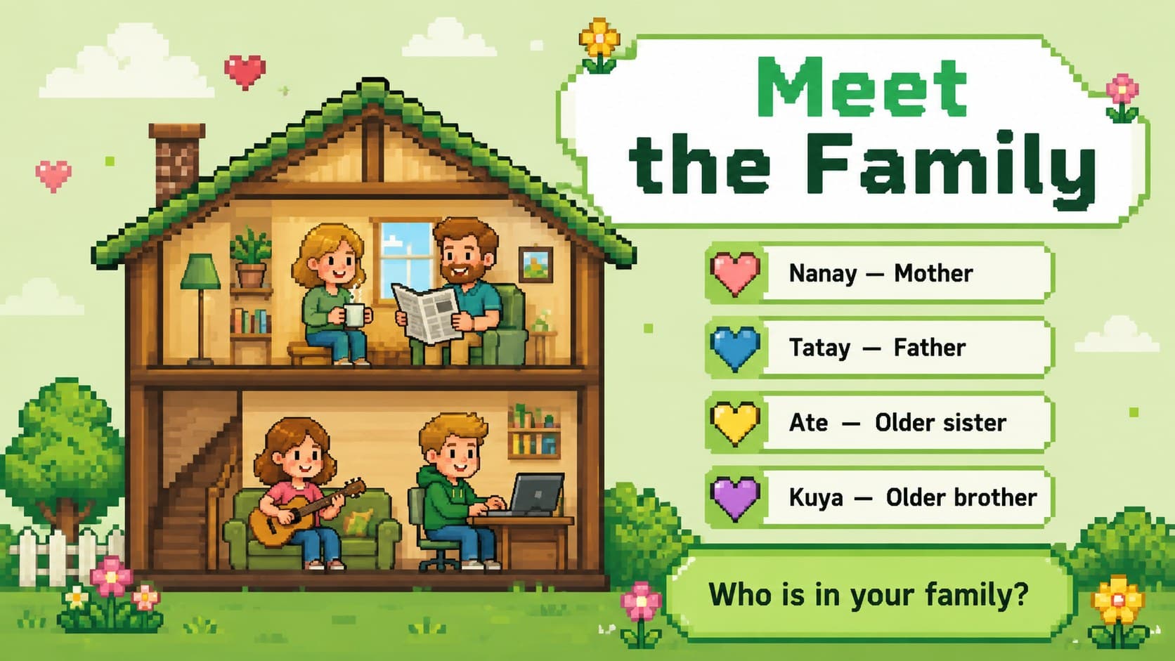 Early-learning Filipino family vocabulary slide with Nanay, Tatay, Ate, and Kuya labels.