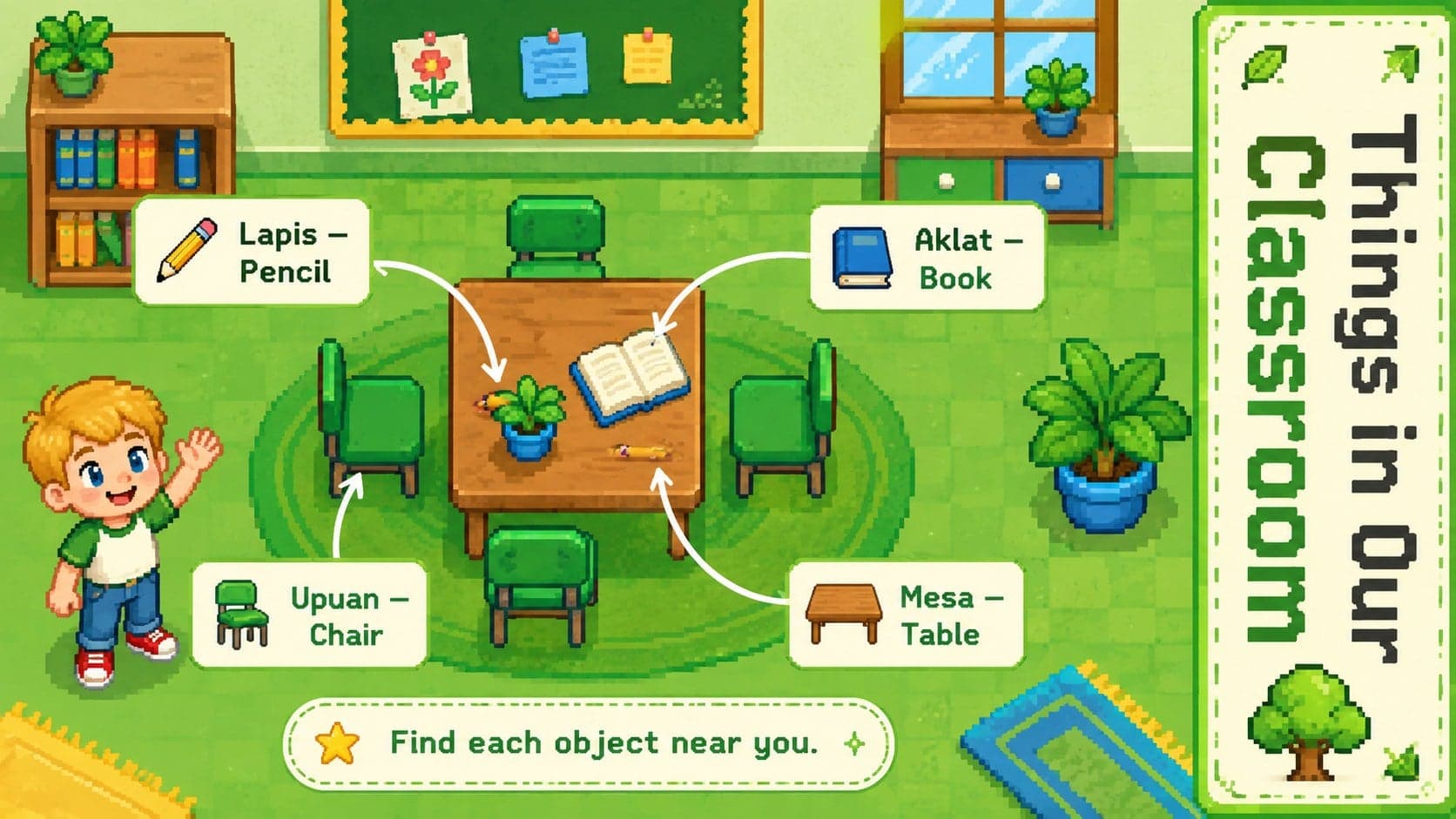 Filipino classroom vocabulary slide labeling a pencil, book, chair, and table in an 8-bit style.