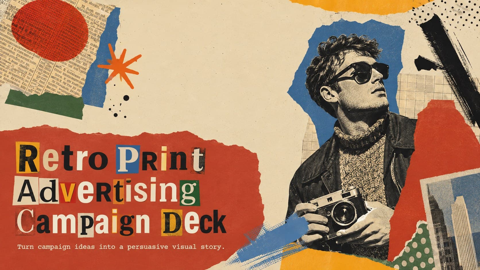 Cover of a retro print advertising campaign deck with colorful editorial collage graphics and layered beige paper textures.