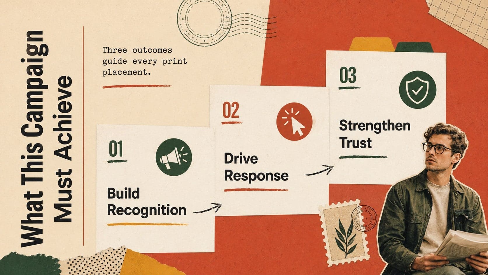 Campaign objectives slide for a print advertising strategy with three bold editorial goal statements.