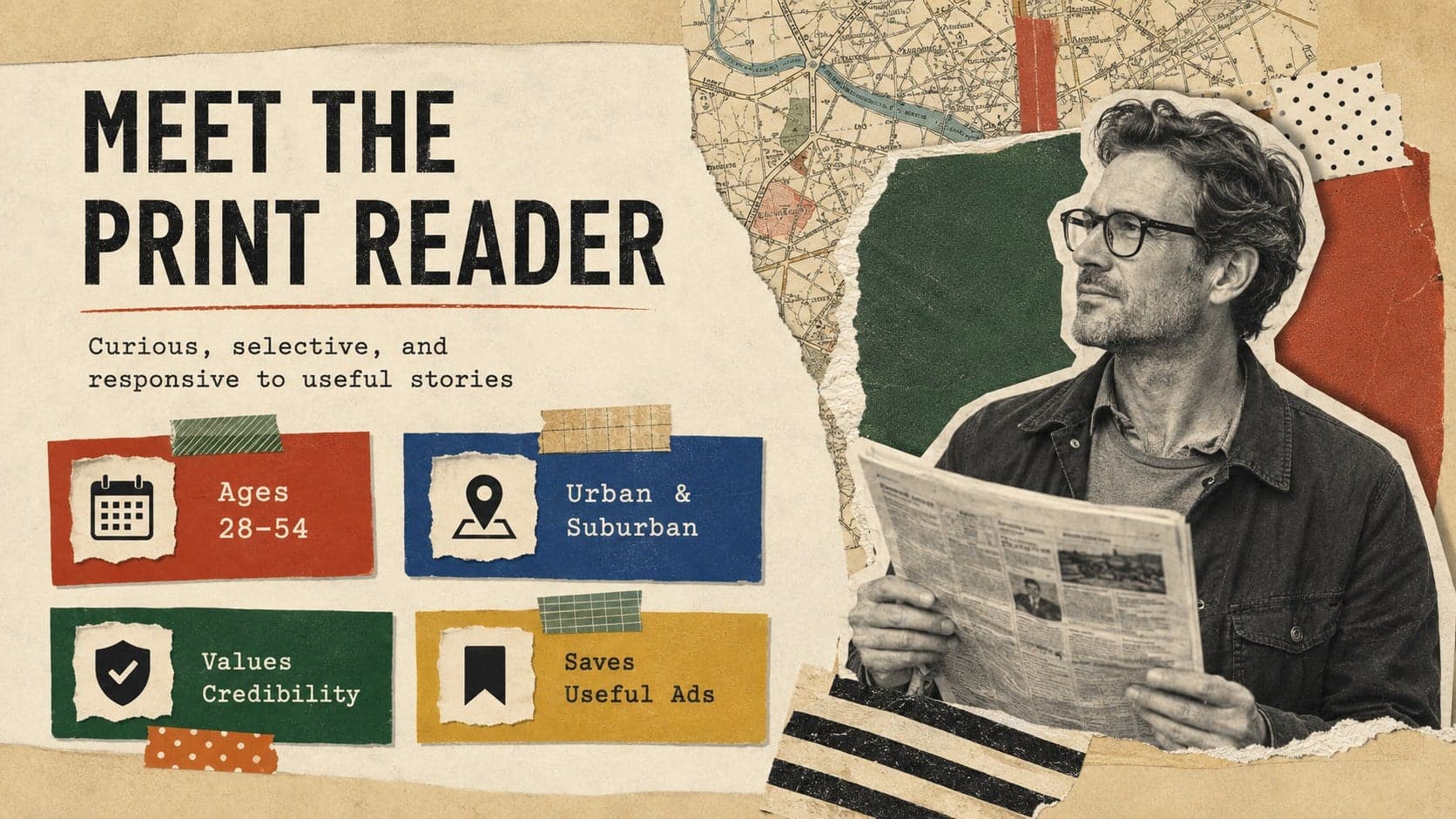 Print campaign audience profile slide featuring demographic insights in a colorful magazine collage layout.