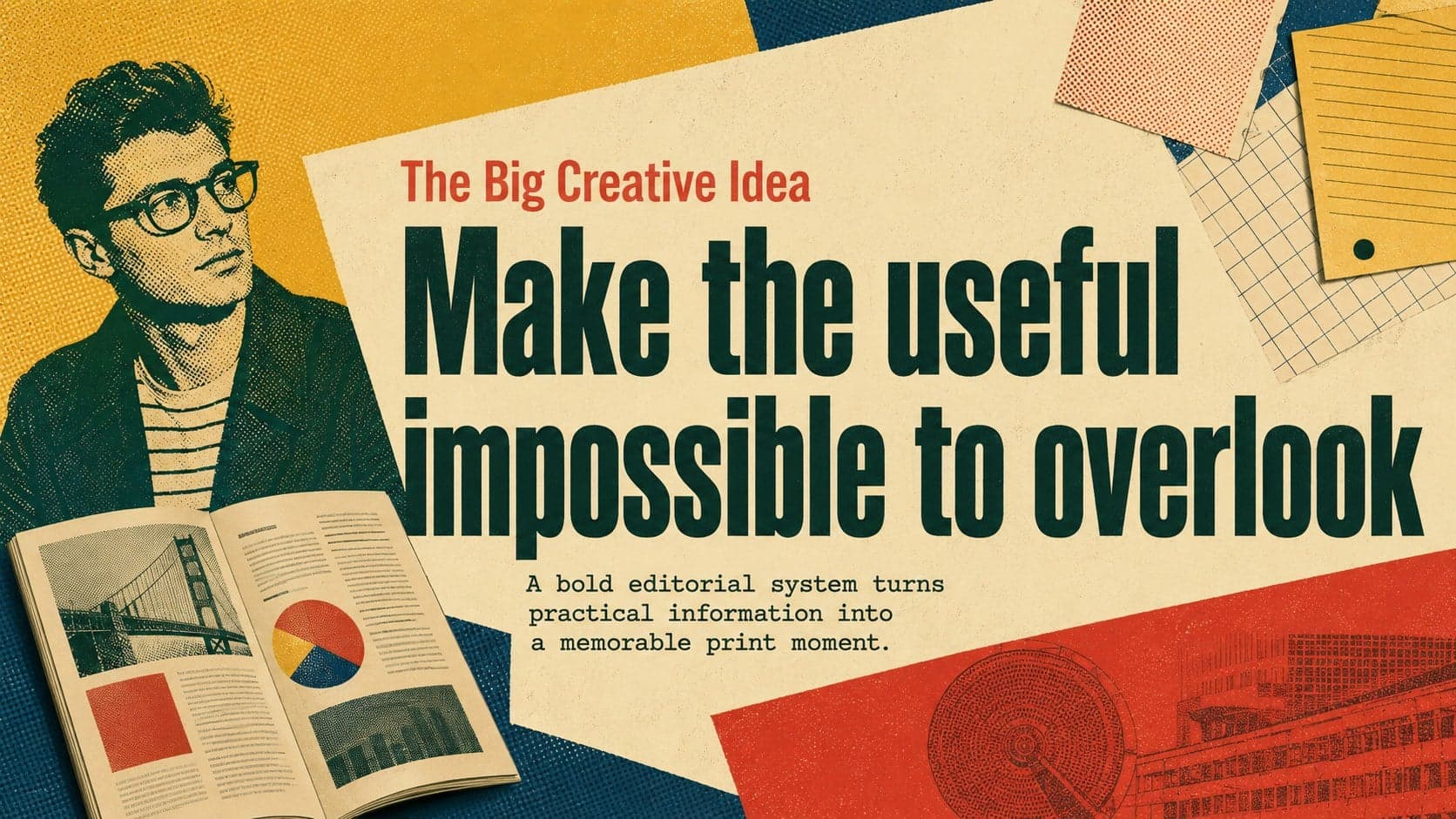 Magazine advertising pitch template slide presenting a bold creative concept and supporting message.