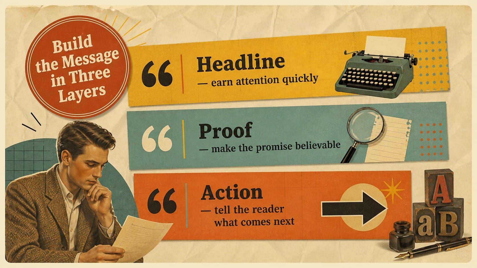 Print advertisement messaging slide organizing a headline, proof point, and call to action.