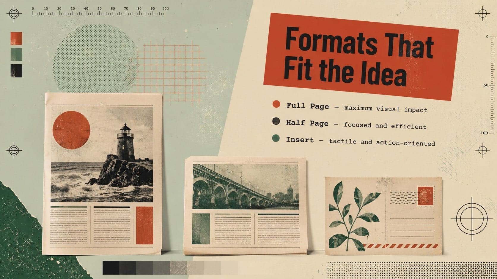 Retro print ad format slide displaying full-page, half-page, and insert placement options.