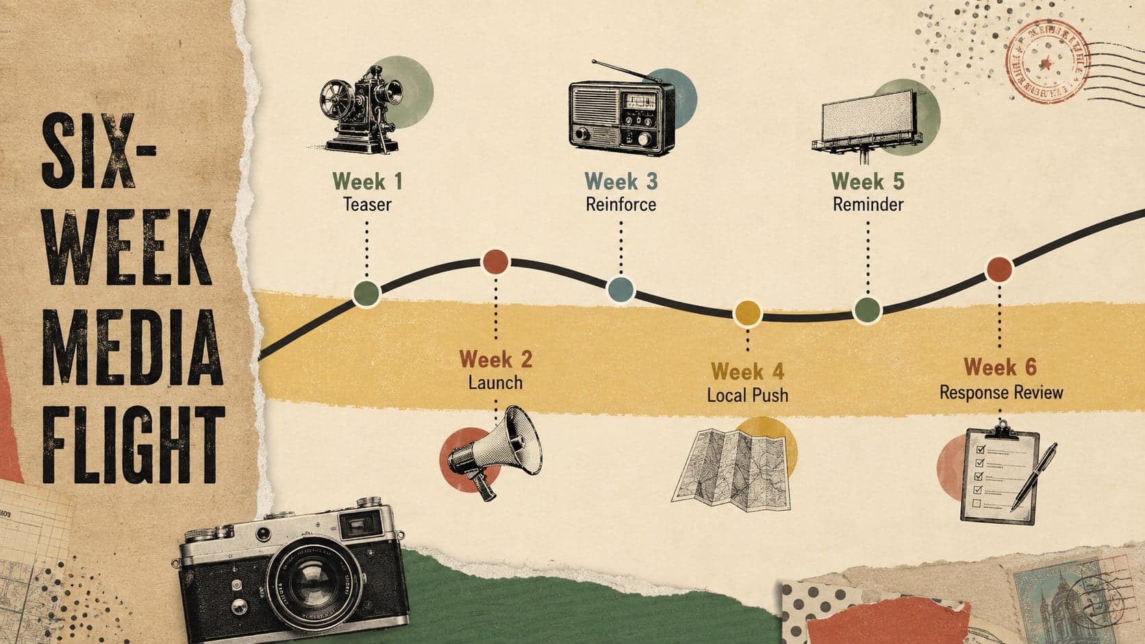 Print ad media plan presentation slide with a six-week campaign timeline and publication milestones.