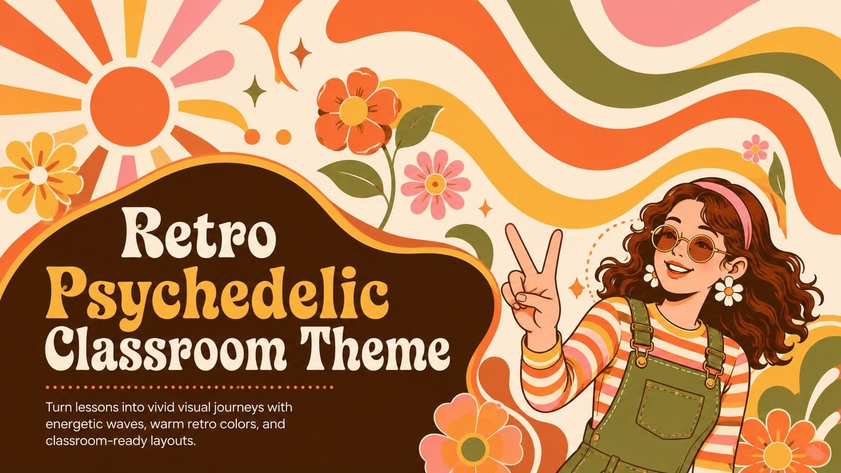 Cover for a retro psychedelic classroom theme with orange and yellow waves surrounding a bold lesson title.