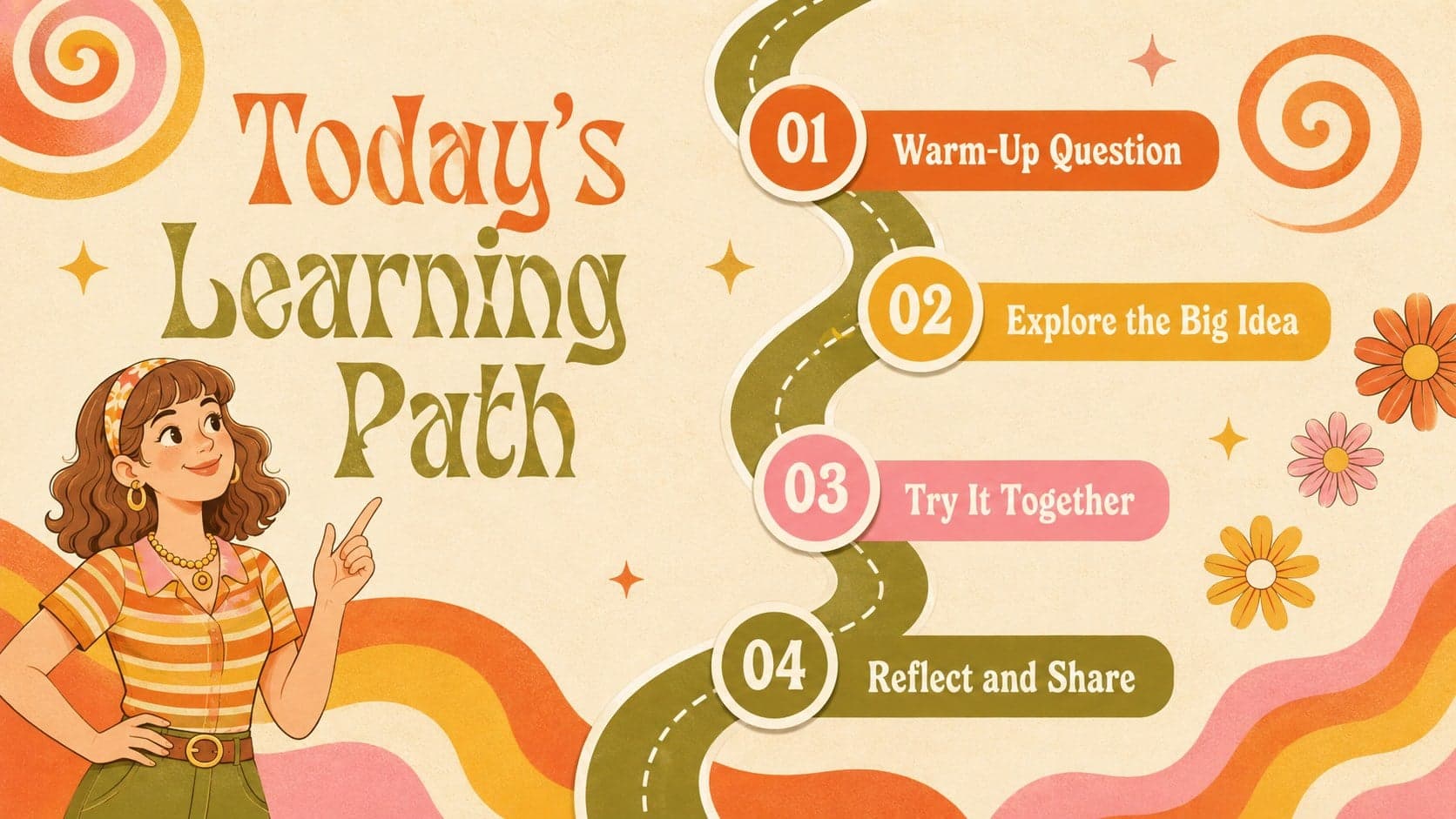 Psychedelic education agenda slide presenting four lesson stages in a warm retro palette.