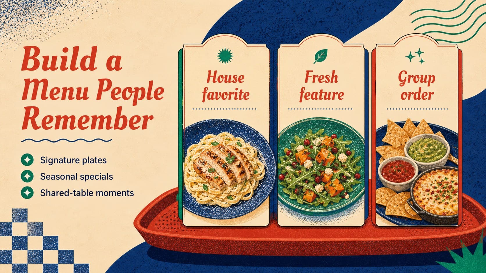 Menu concept slide presenting signature dishes and a seasonal restaurant offer.