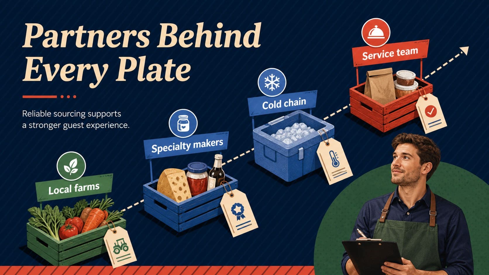 Supplier partnership slide showing a connected food-service sourcing network.