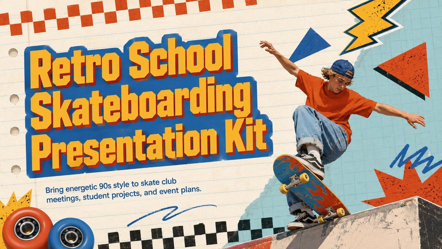 Cover for a retro school skateboarding presentation with bold blue, red, and orange 90s graphics.