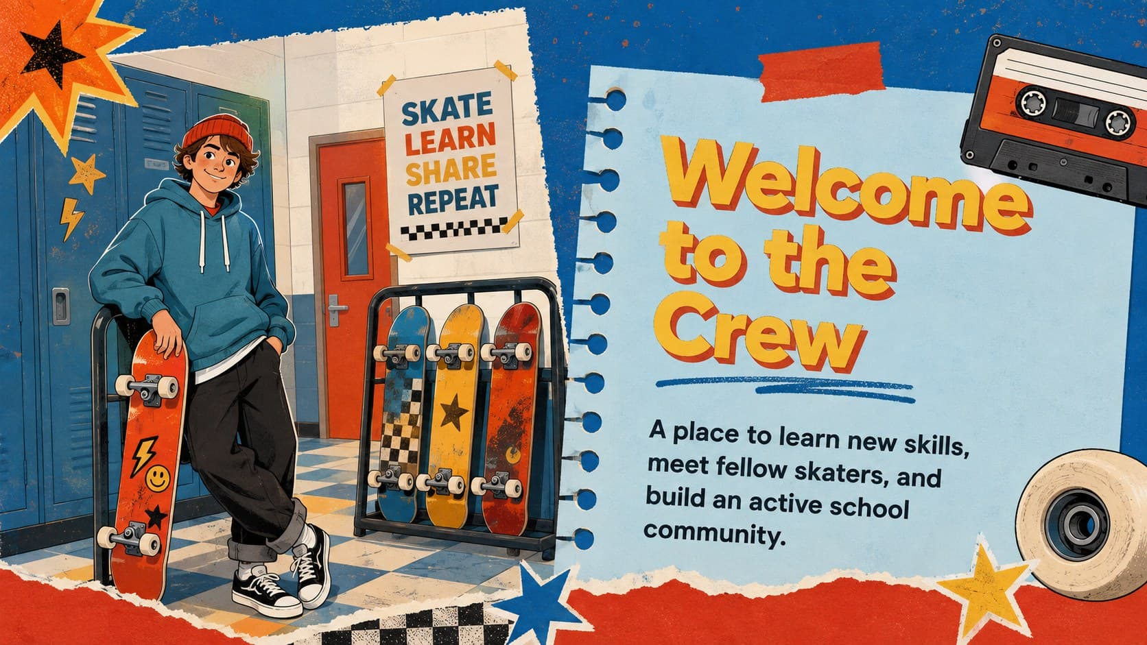 Retro skate club welcome slide introducing a lively after-school skateboarding community.