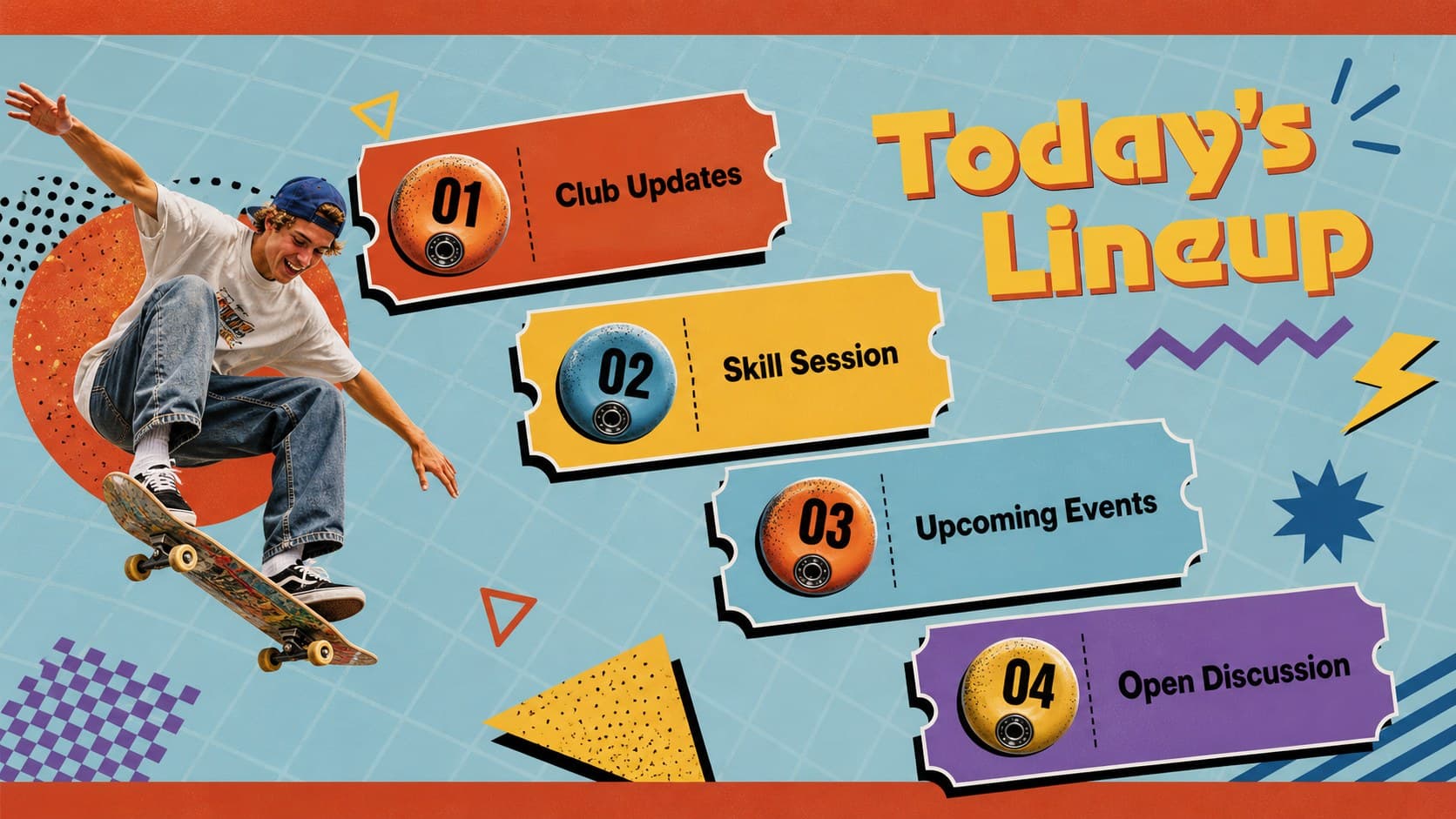 Colorful school skate club meeting agenda with four organized discussion topics.