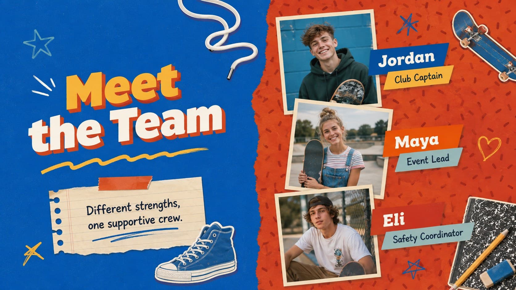 Retro student skateboarding presentation with original illustrated club member profiles.