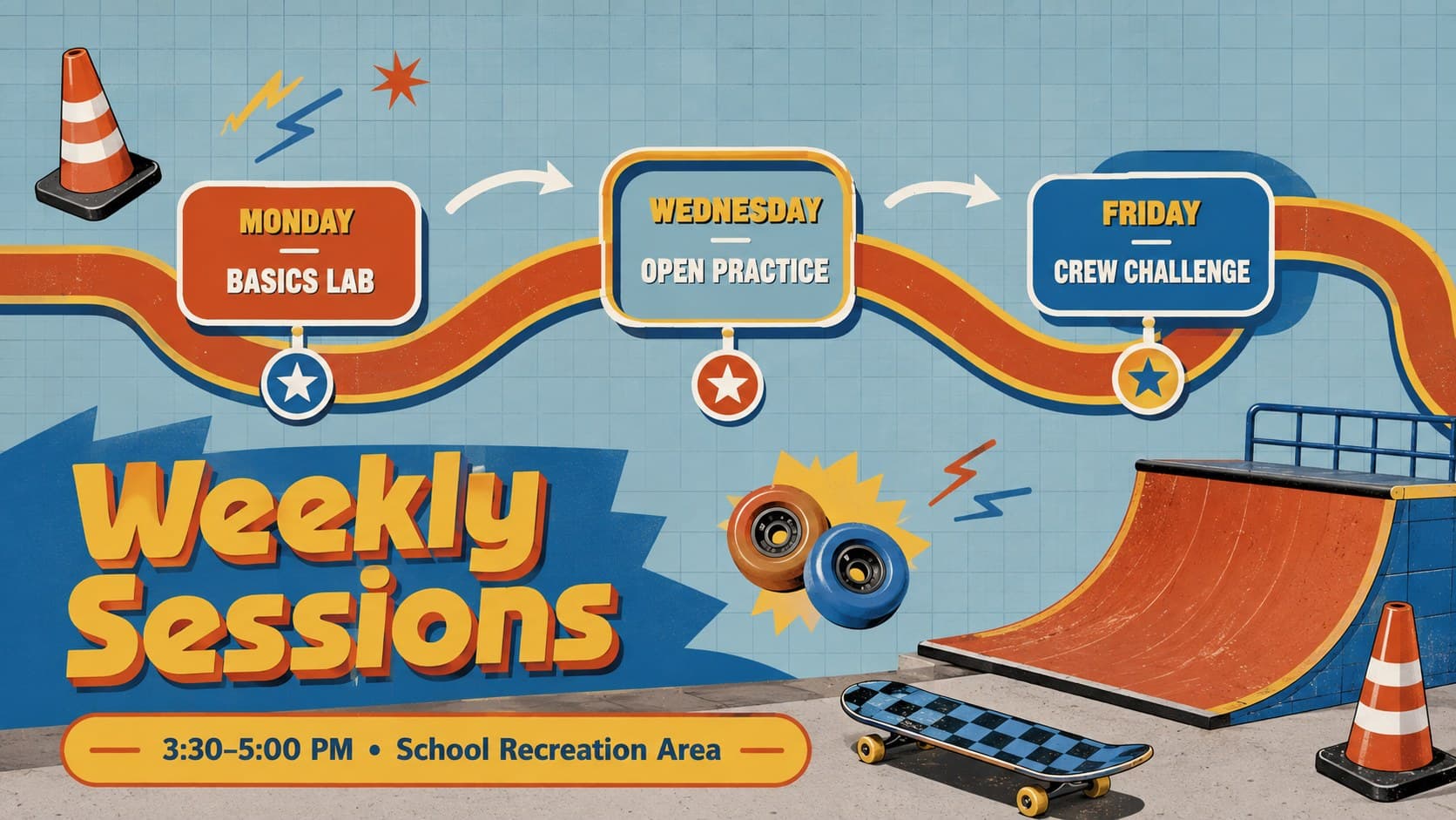 Weekly after-school skate club schedule in a blue, red, and orange 90s design.