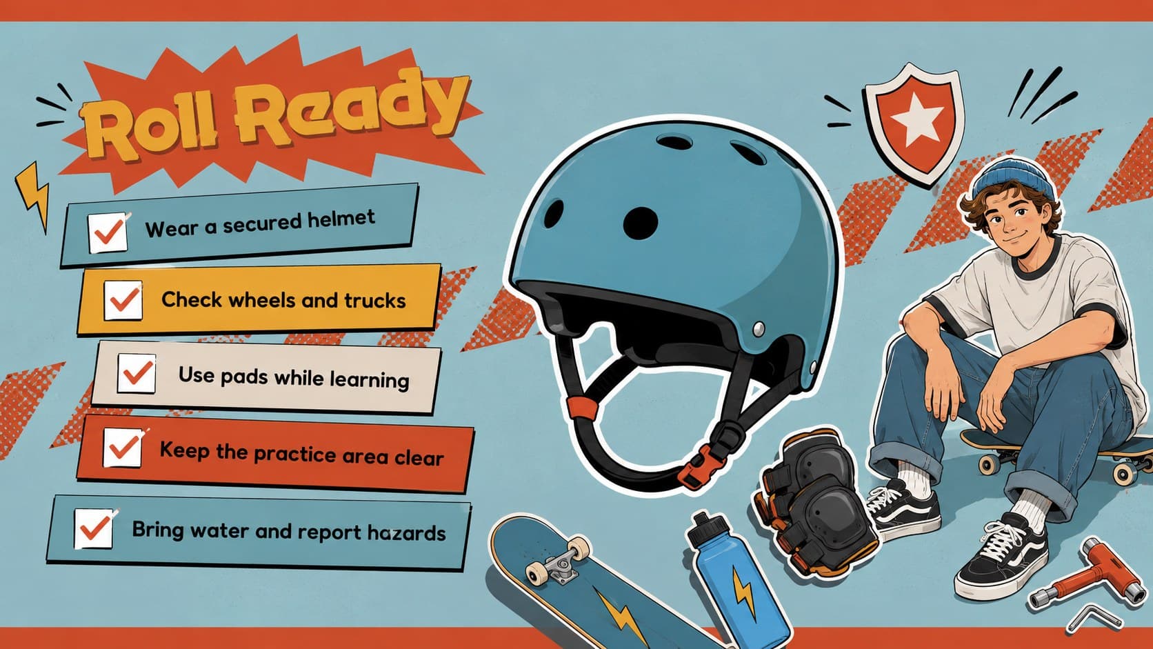 Student skateboarding safety checklist with helmet, equipment, and practice reminders.