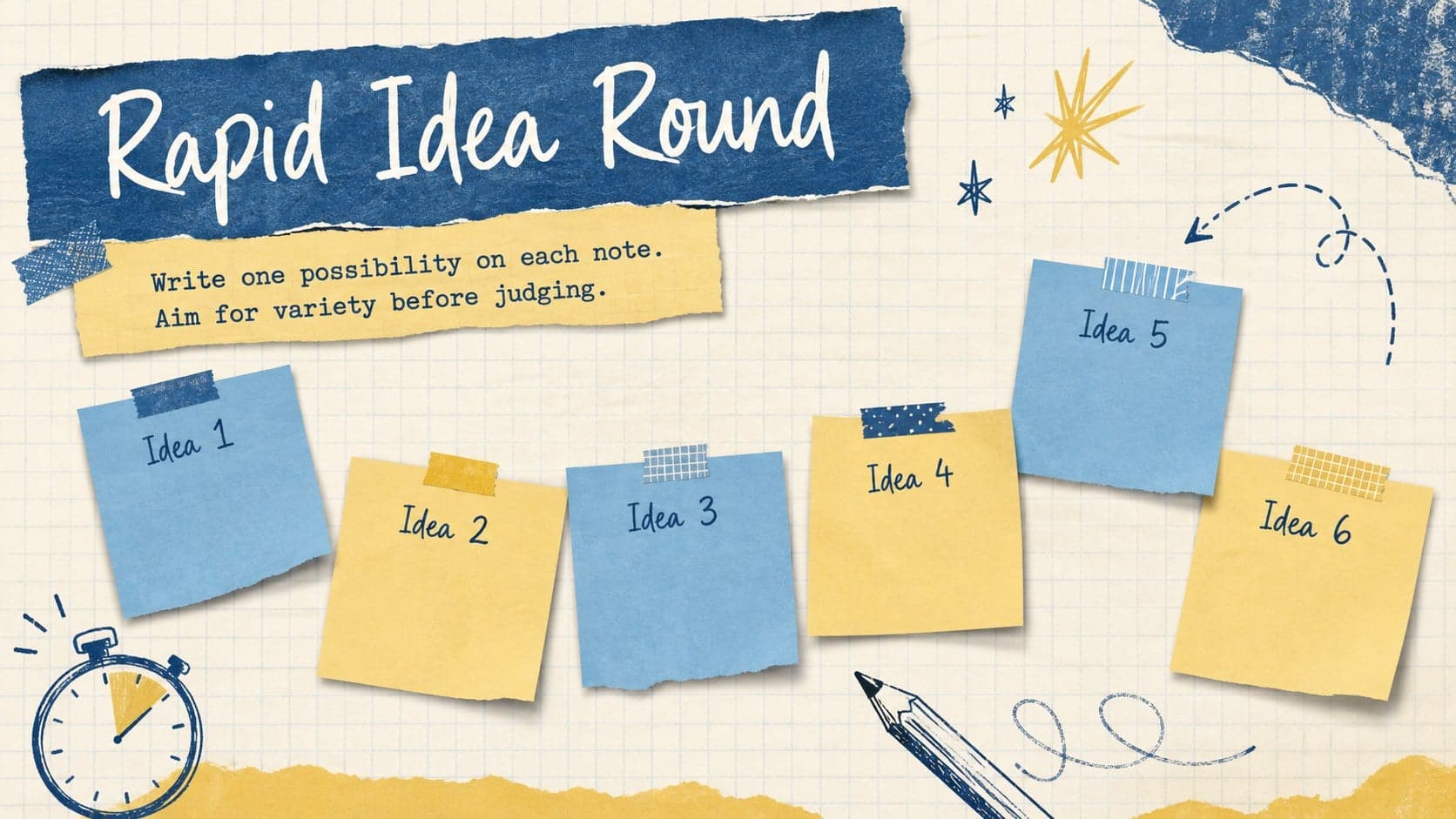 Editable classroom ideation deck slide with six paper notes for rapid idea collection.