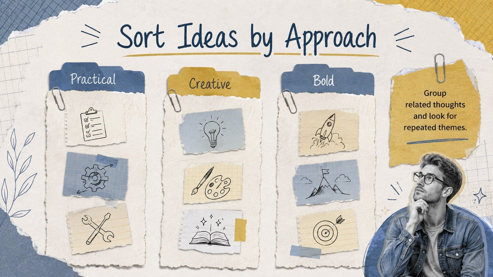Paper collage brainstorming theme with ideas sorted into practical, creative, and bold categories.