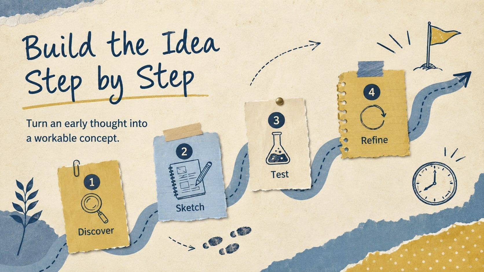 Vintage brainstorming presentation for students showing a four-stage concept timeline.