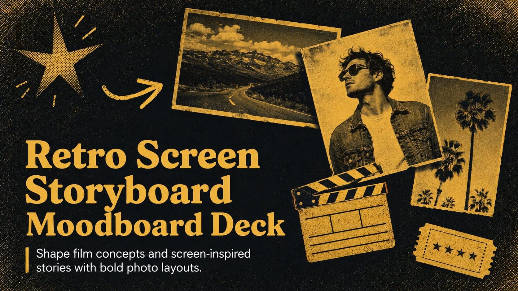 Cover of a retro screen storyboard moodboard with black-and-yellow collage styling and film-inspired doodles.