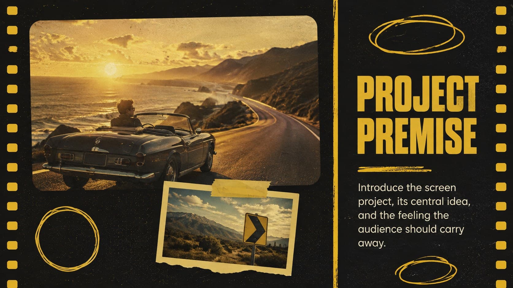 Project introduction slide for a vintage cinema pitch template with photo frames and concise creative goals.