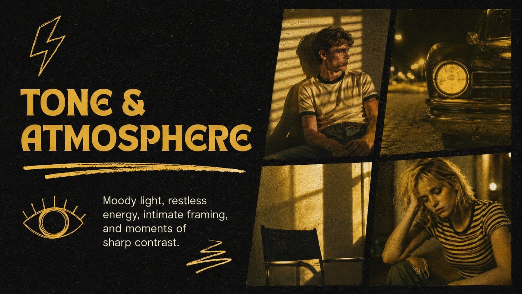 Film tone moodboard slide combining dramatic stills, texture samples, and retro handwritten annotations.