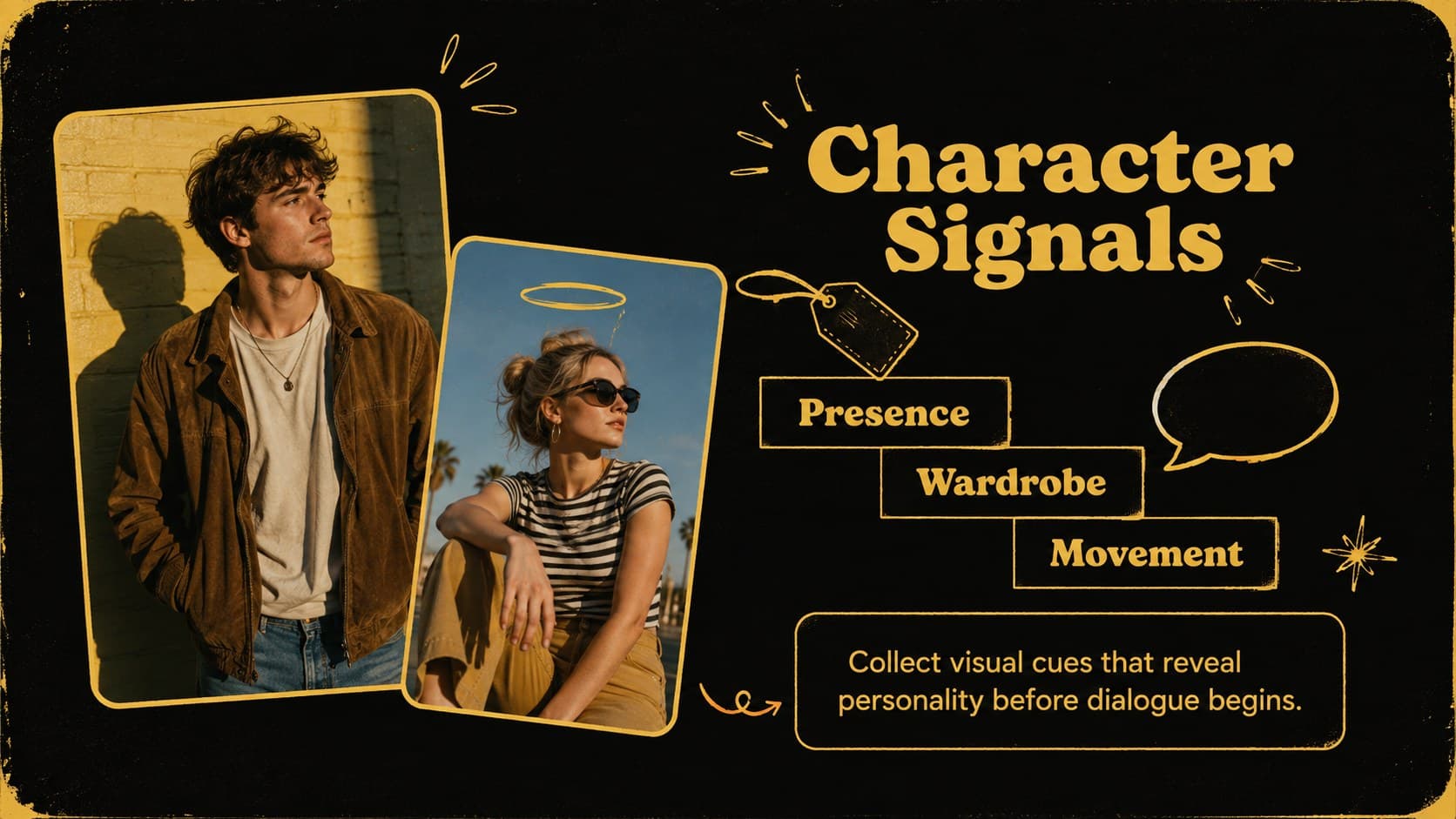 Character inspiration layout for an episode concept board with portraits, traits, and costume references.