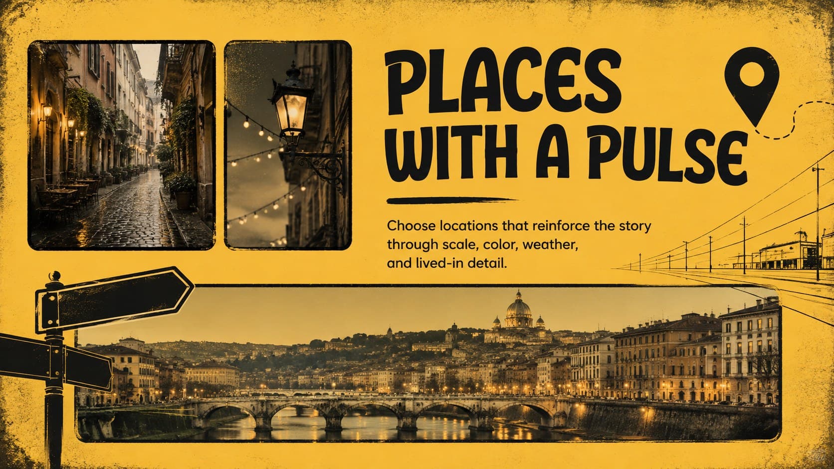 Location scouting moodboard featuring urban and interior references in a retro screen storyboard style.
