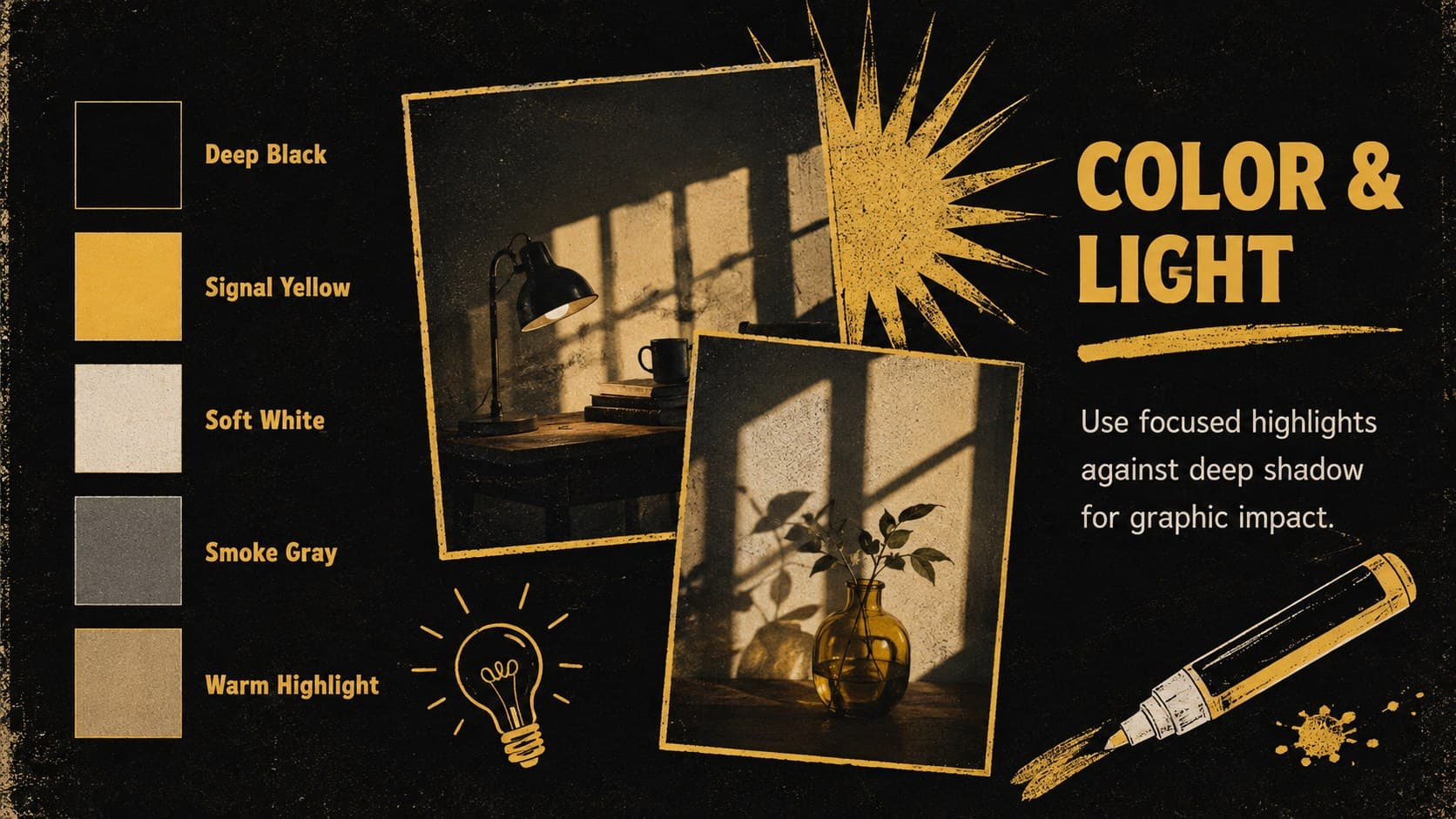 Black-and-yellow color direction slide displaying cinematic swatches, lighting references, and texture notes.