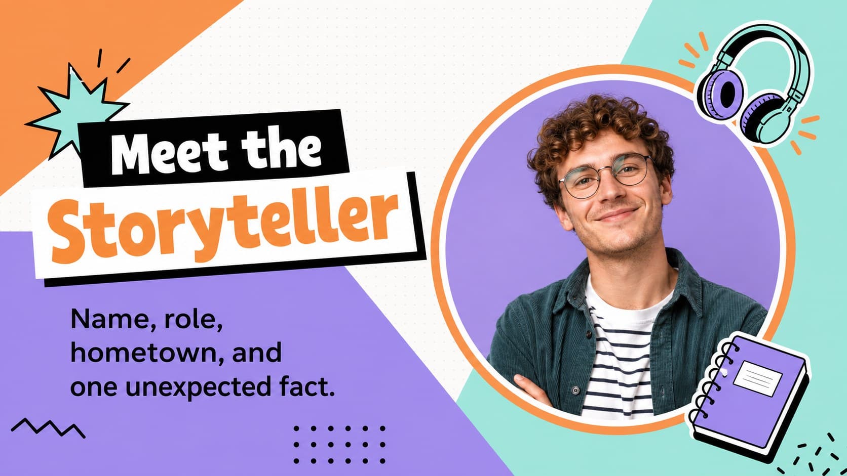 About-me profile layout introducing a speaker with colorful stickers and a creative personal profile presentation style.