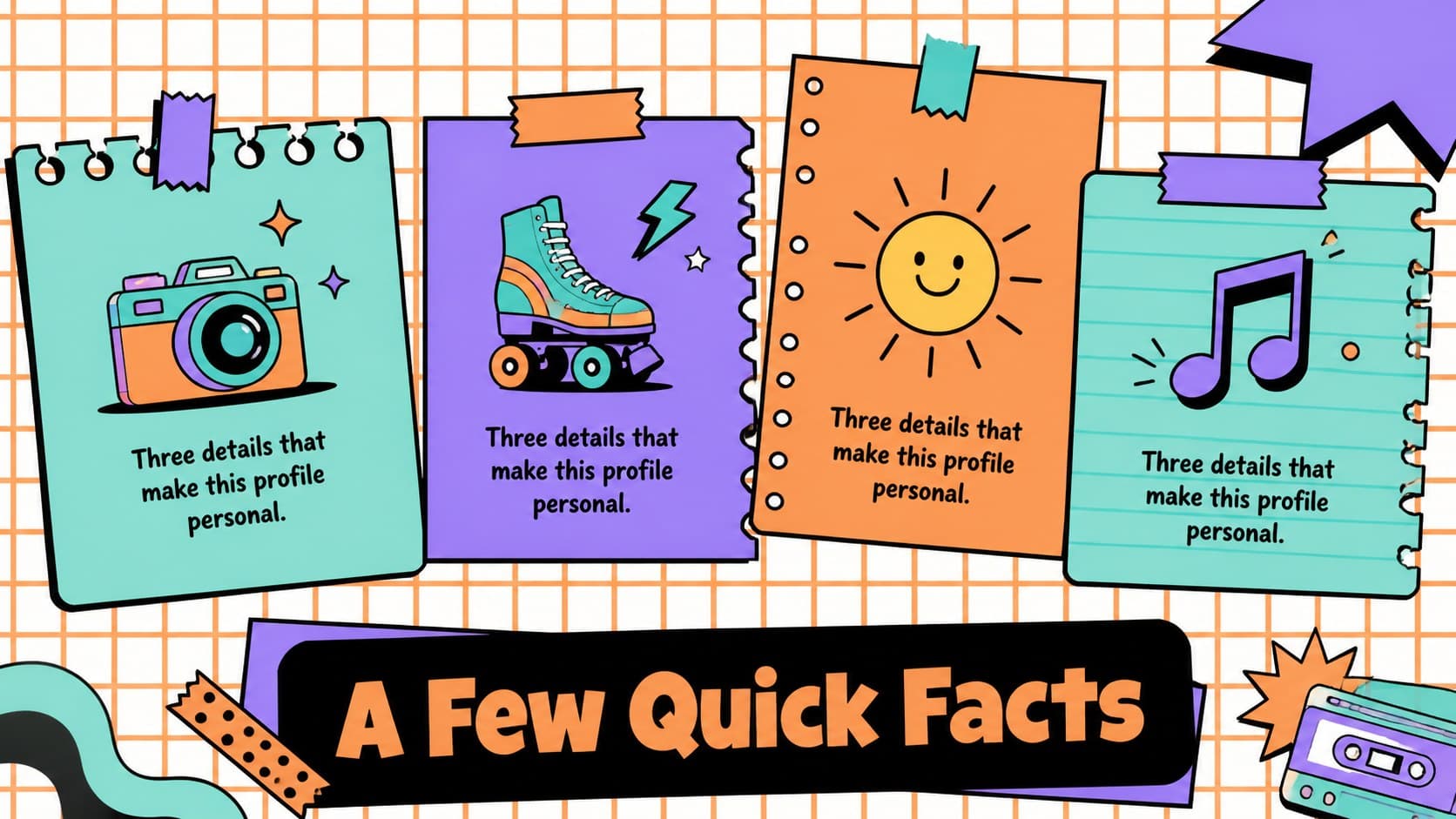 Personal facts slide with playful icons and a colorful about me deck layout for sharing background details.