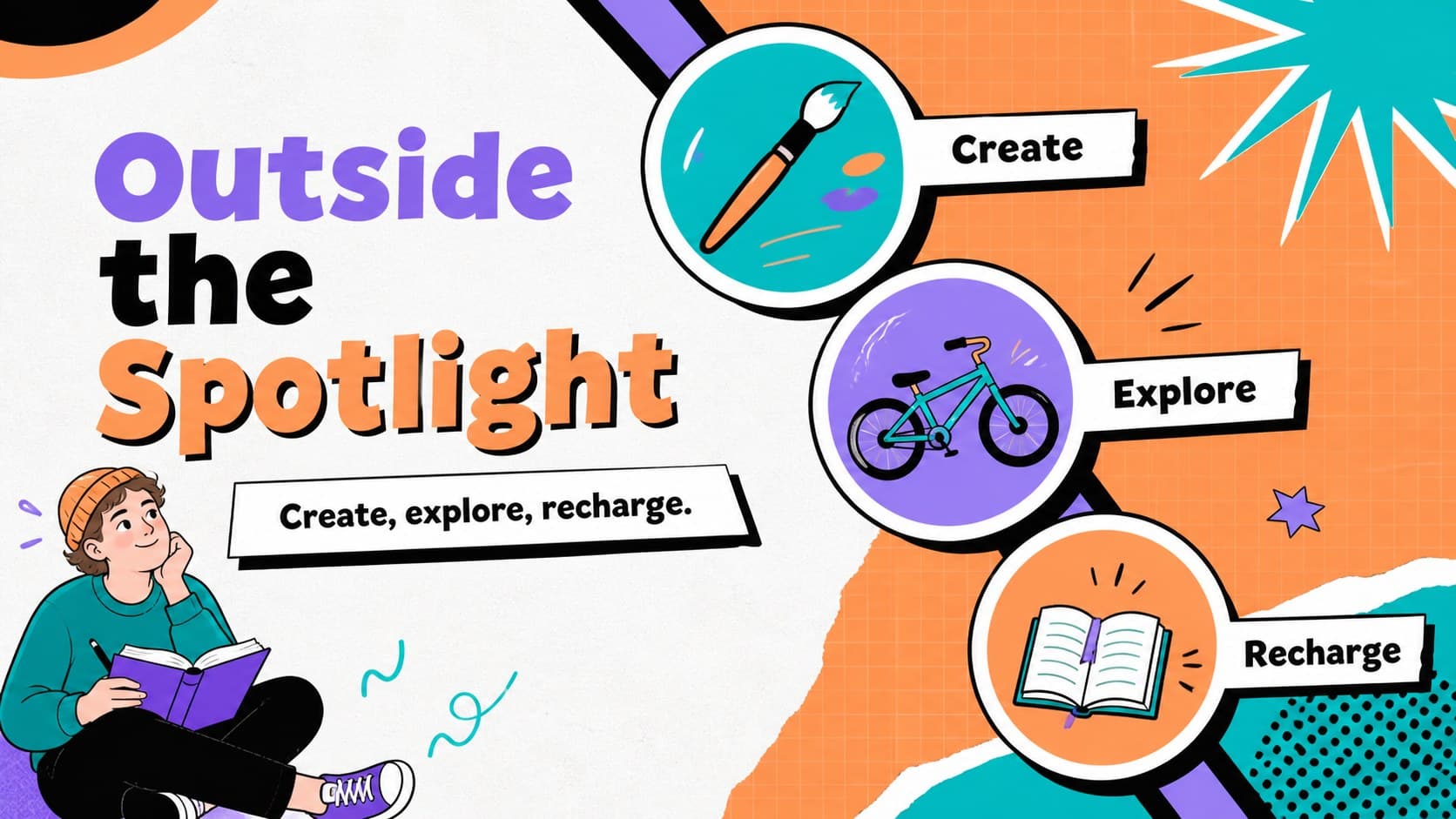 Hobbies and interests slide in a scrapbook style Google Slides presentation with bright retro illustrations.