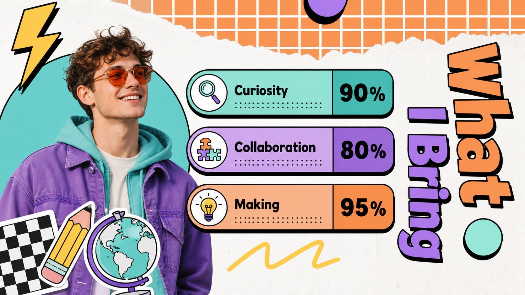 Skills overview slide showing creative strengths in a nostalgic portfolio presentation template.