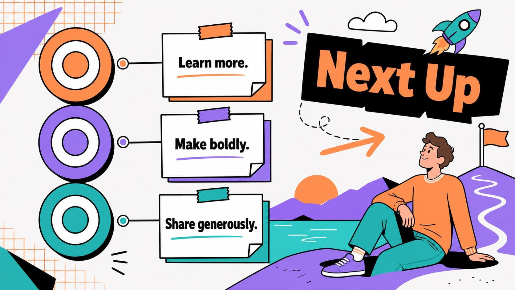 Goals and future plans slide for a playful team introduction presentation with bright geometric accents.
