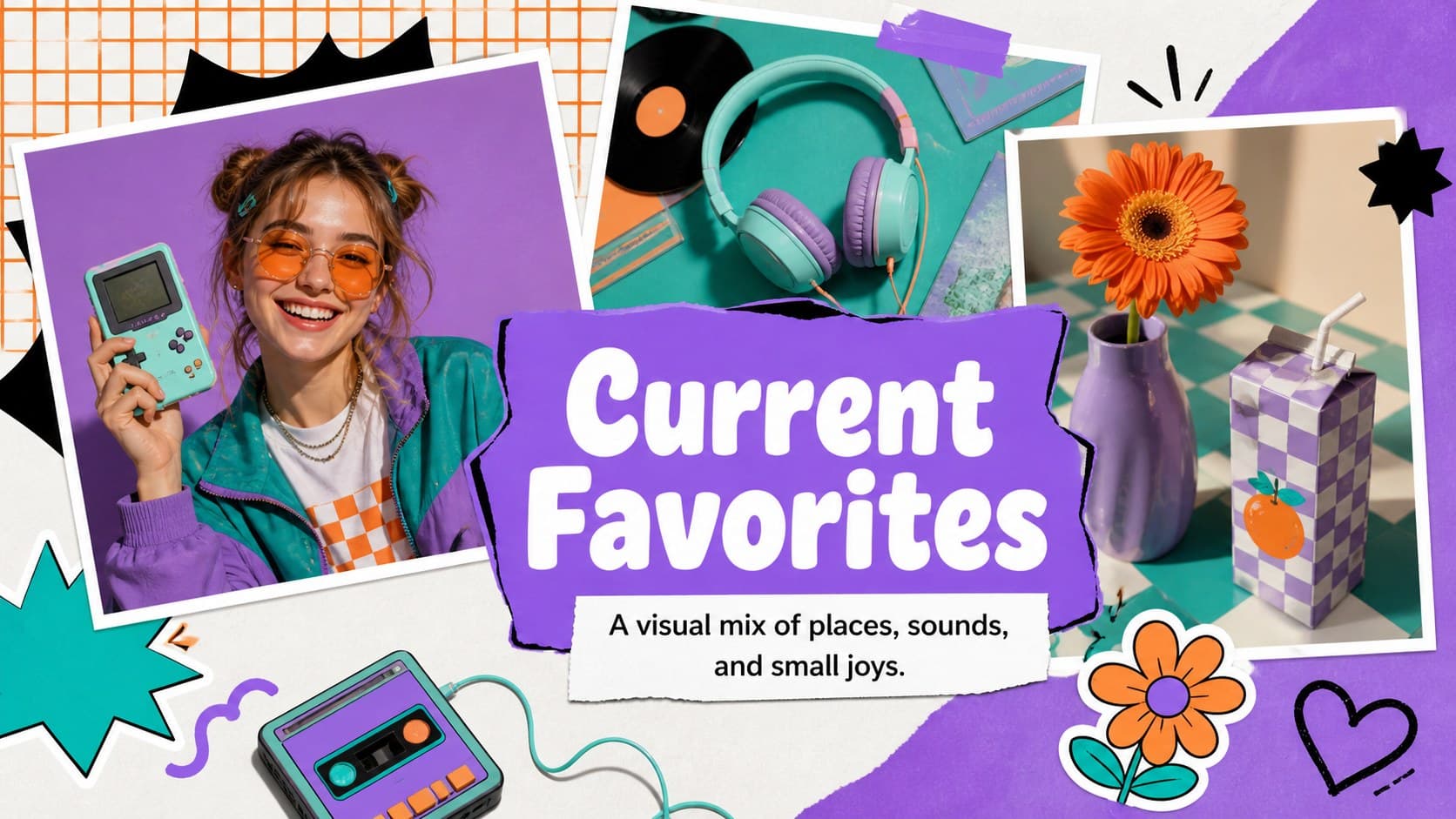 Favorite things collage slide in a colorful 90s inspired presentation with photo frames and playful doodles.