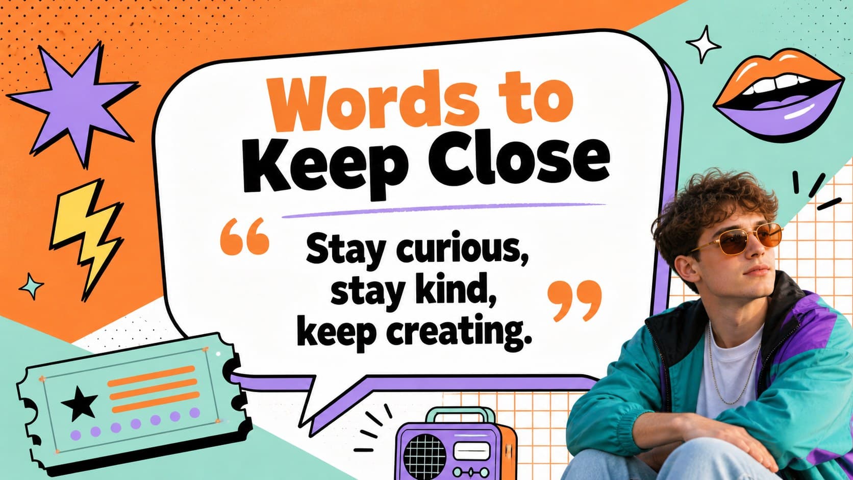 Quote and personality slide for a creative personal profile presentation with expressive sticker graphics.