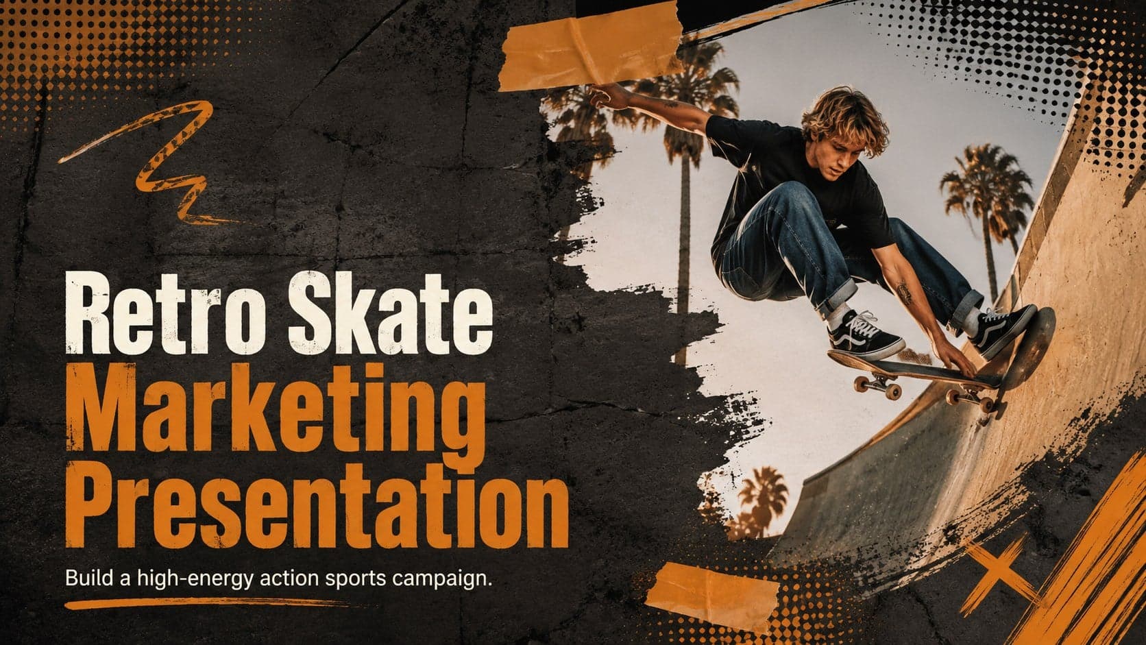 Cover of a retro skate marketing presentation with bold orange typography, black grunge textures and original skateboard graphics.