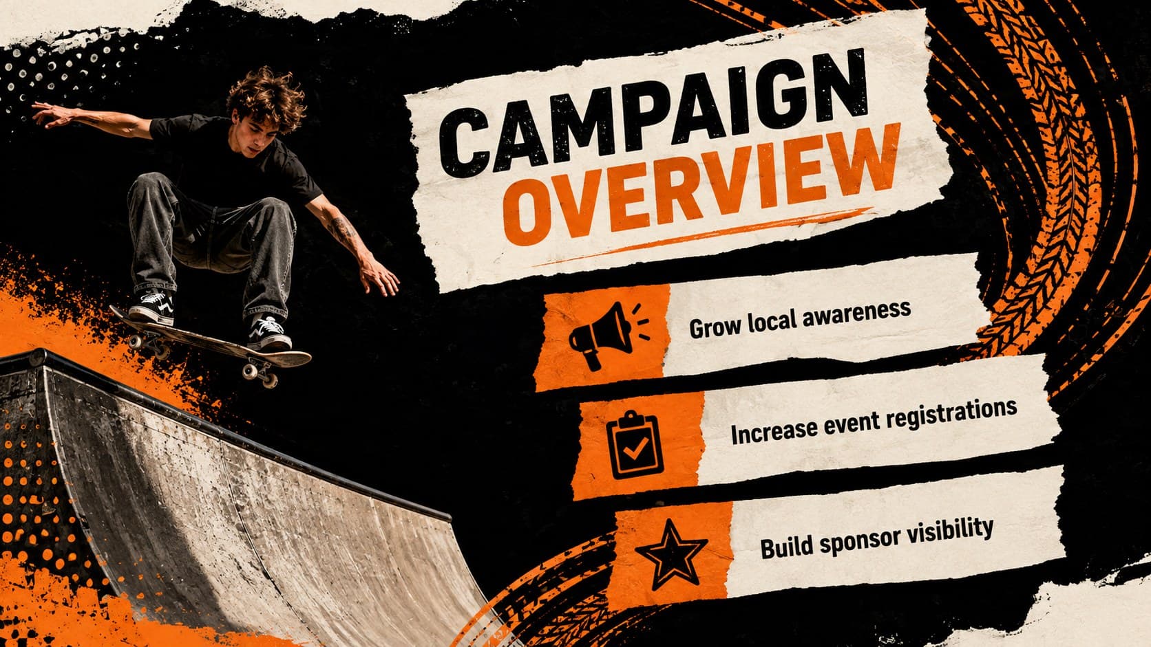Campaign overview slide presenting goals and strategic priorities for an action sports marketing plan.