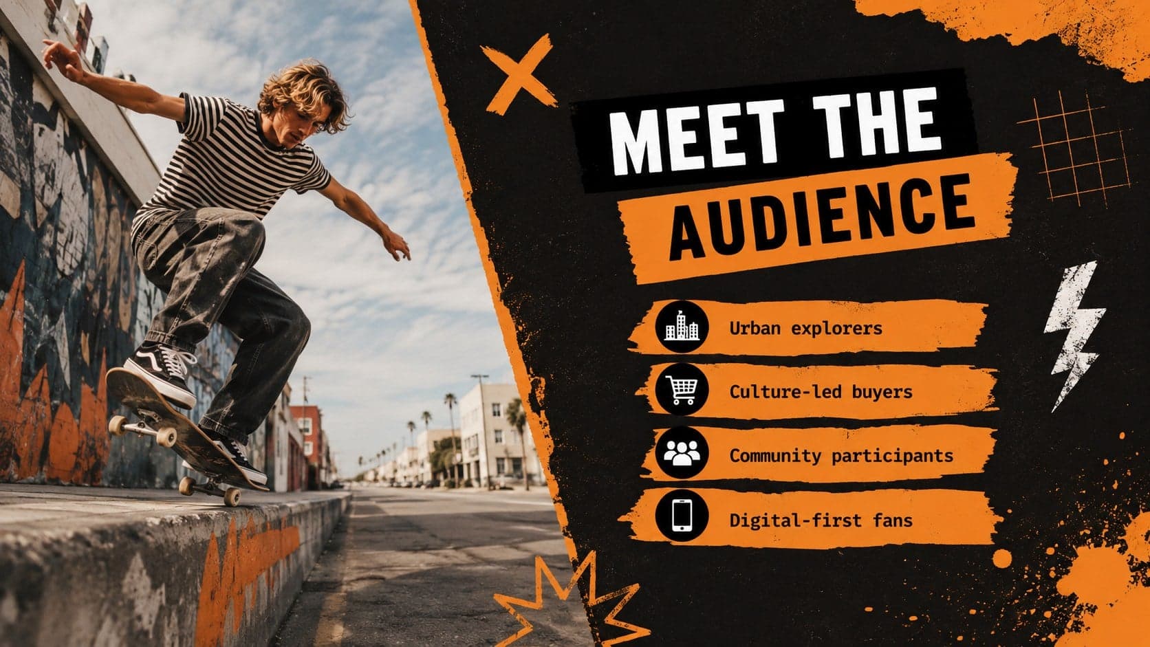 Audience profile slide for a skateboarding event pitch deck with demographic and interest callouts.