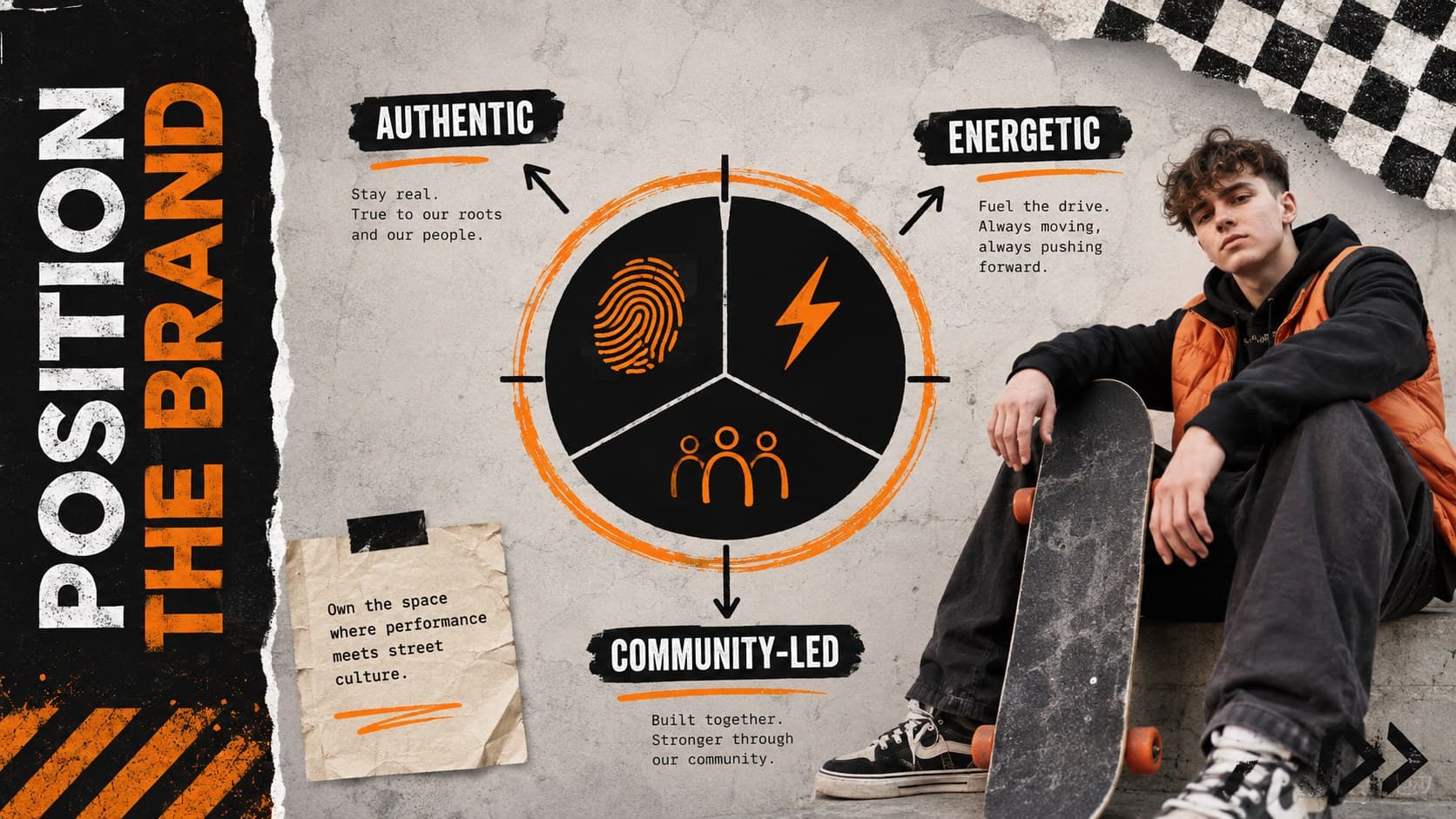 Brand positioning slide comparing authenticity, energy and community in a streetwear campaign presentation.