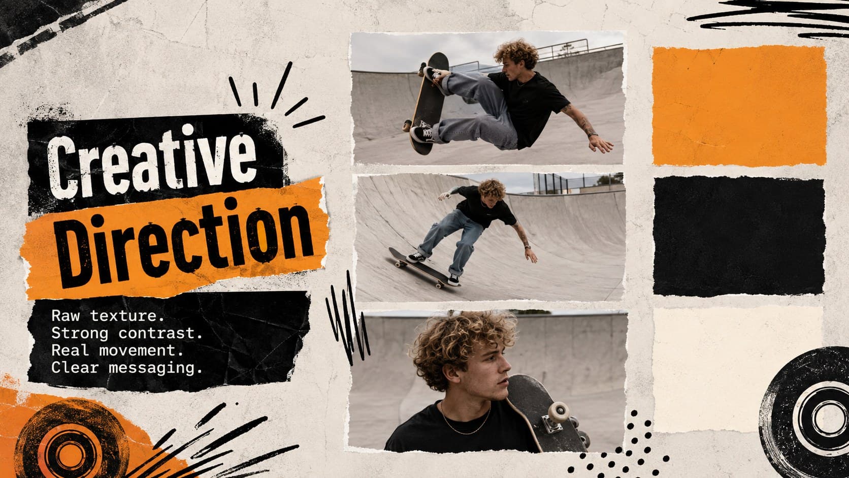 Creative direction slide showing typography, image style and color choices for an orange black action sports deck.