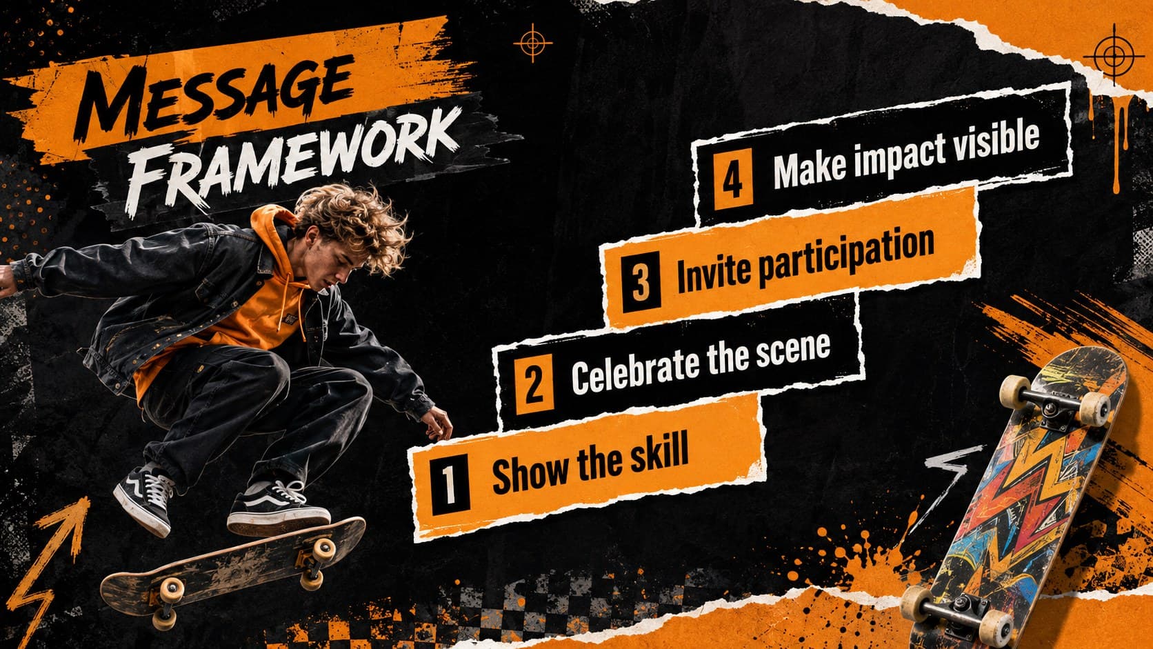 Campaign message framework slide with four concise themes for a retro grunge sports presentation.