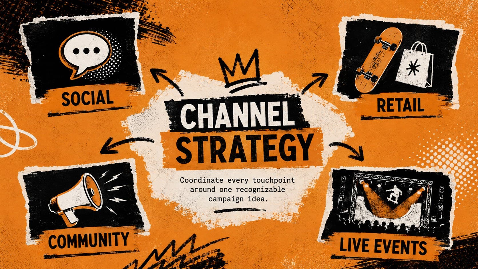 Channel strategy slide mapping social, retail, community and event promotion for a skate campaign.
