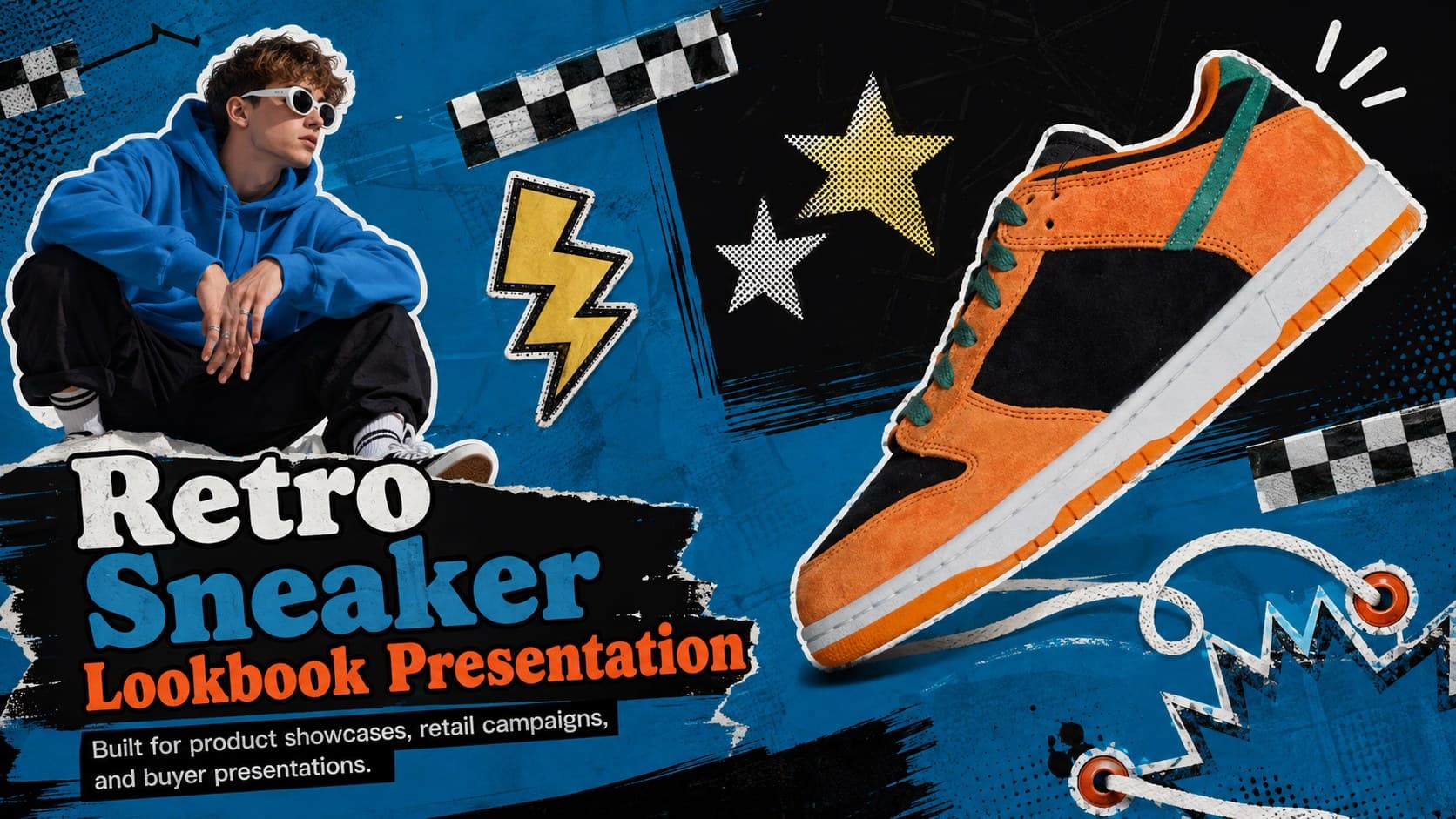 Cover of a retro sneaker lookbook presentation with bold blue graphics, colorful stickers, and a featured shoe.